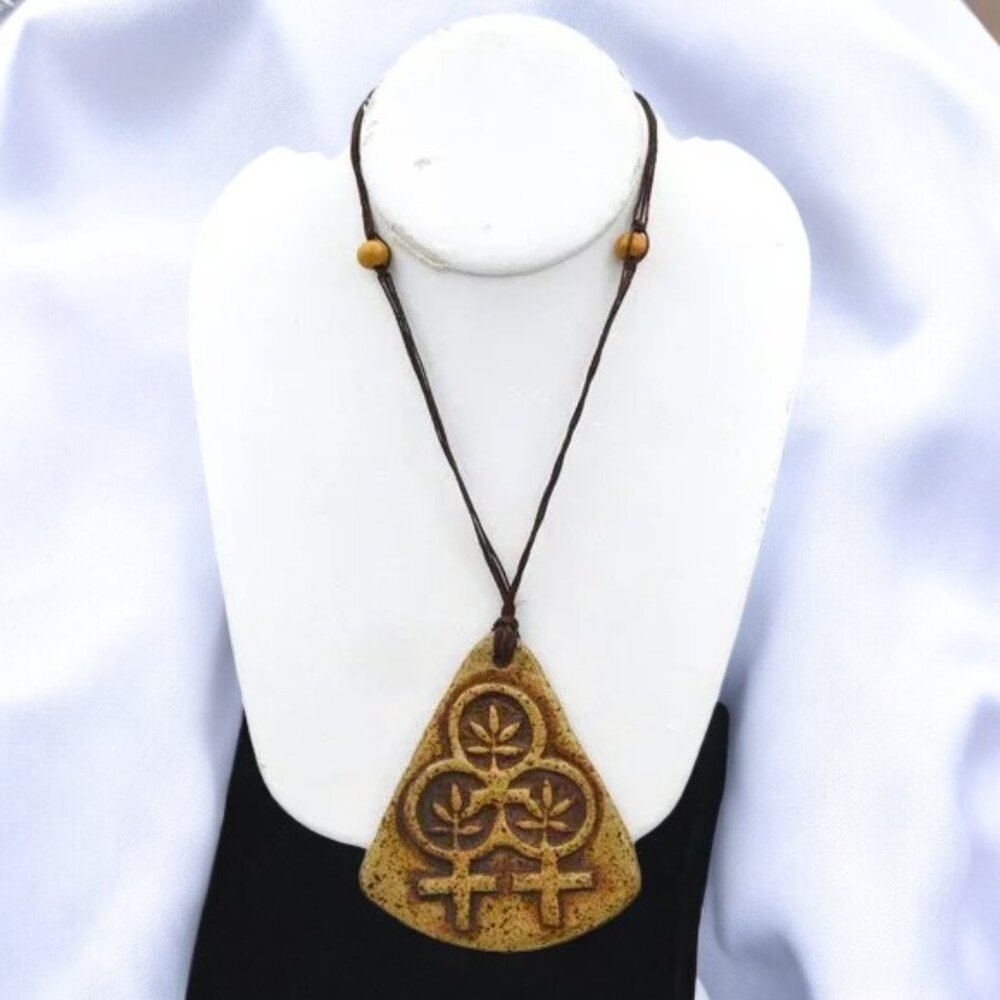 Vintage Signed Pottery Pendant Necklace Artist Signed Sisterhood Symbol